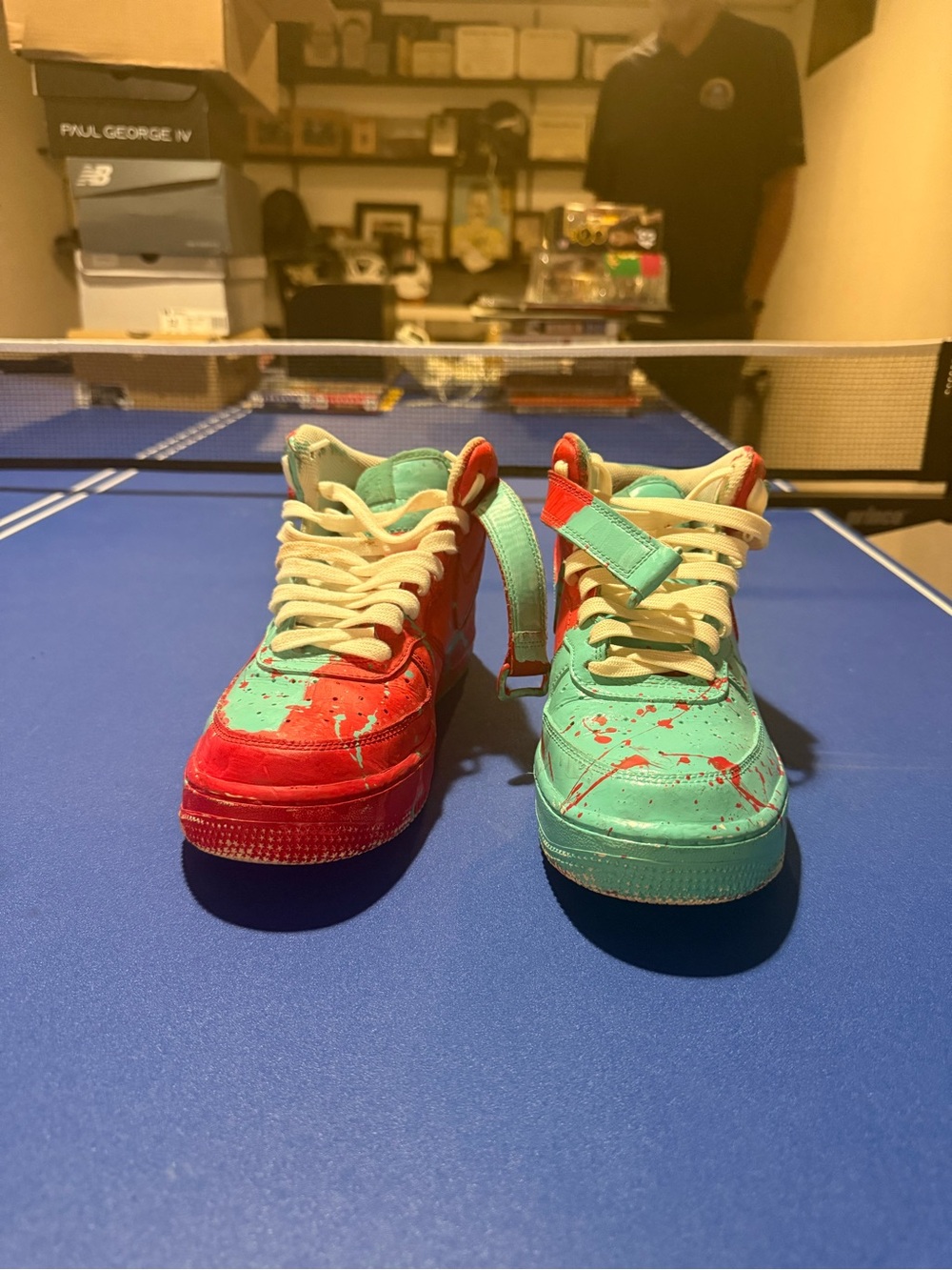 Custom Two-Tone Paint-Splatter High-Top Air Force One Sneakers in Red & Mint